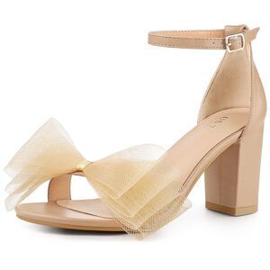 Bow Tie Ankle Strap Chunky High Heels Sandals Nude